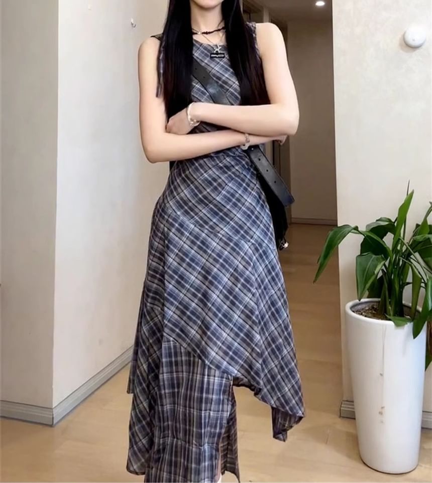 Dress Neck Sleeveless A-Line Maxi Round Plaid Asymmetrical