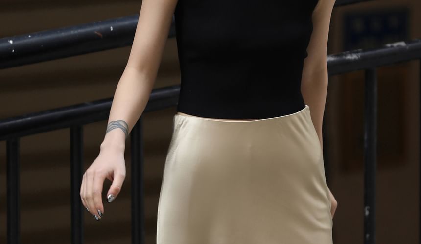 Plain High Slit Midi Rise Satin Skirt Pencil