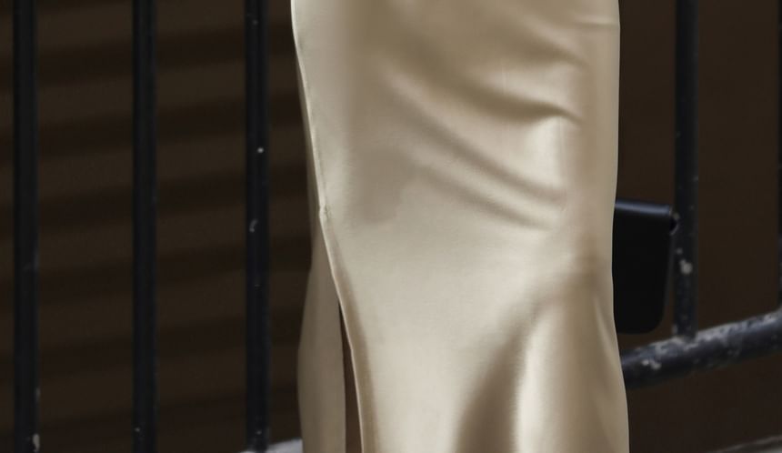 Plain High Slit Midi Rise Satin Skirt Pencil