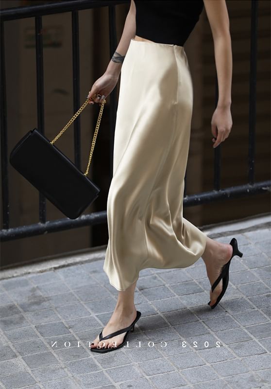 Plain High Slit Midi Rise Satin Skirt Pencil