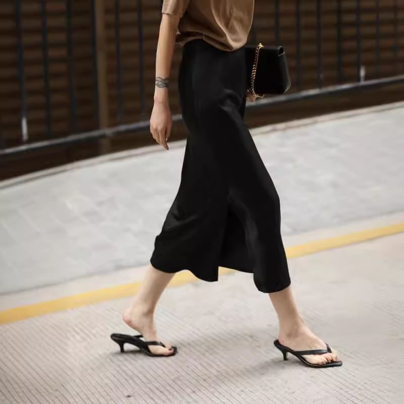 Plain High Slit Midi Rise Satin Skirt Pencil