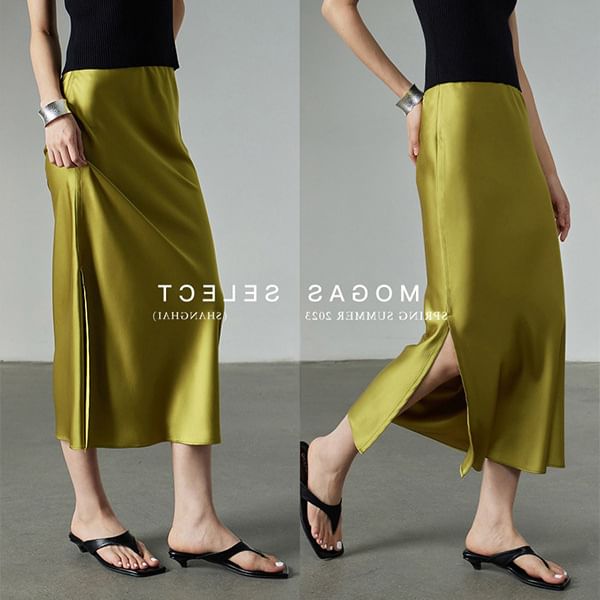 Plain High Slit Midi Rise Satin Skirt Pencil