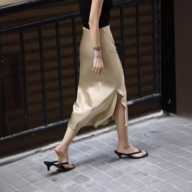 Plain High Slit Midi Rise Satin Skirt Pencil