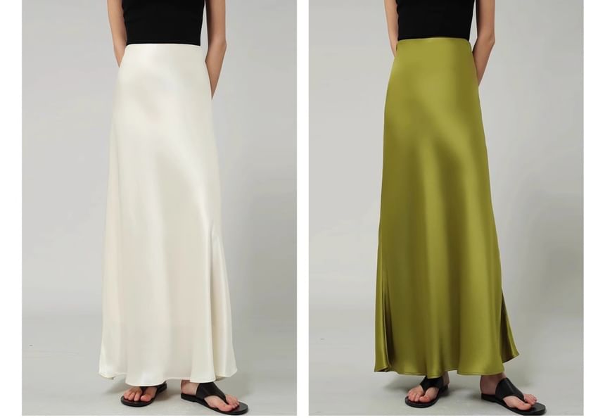 Waist Maxi A-Line Satin Skirt High Plain