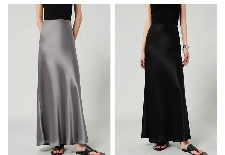 Waist Maxi A-Line Satin Skirt High Plain