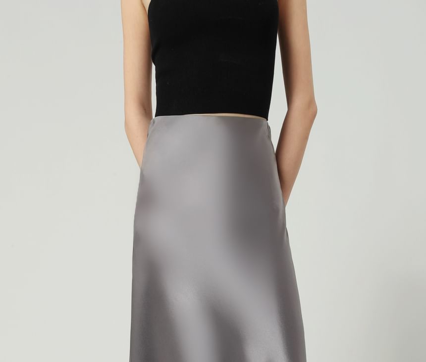 Waist Maxi A-Line Satin Skirt High Plain