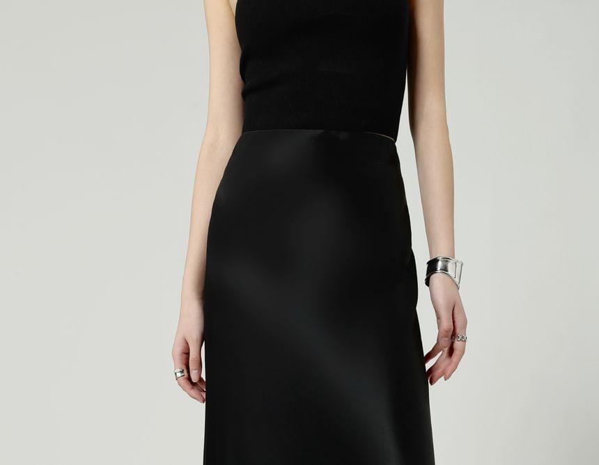 Waist Maxi A-Line Satin Skirt High Plain