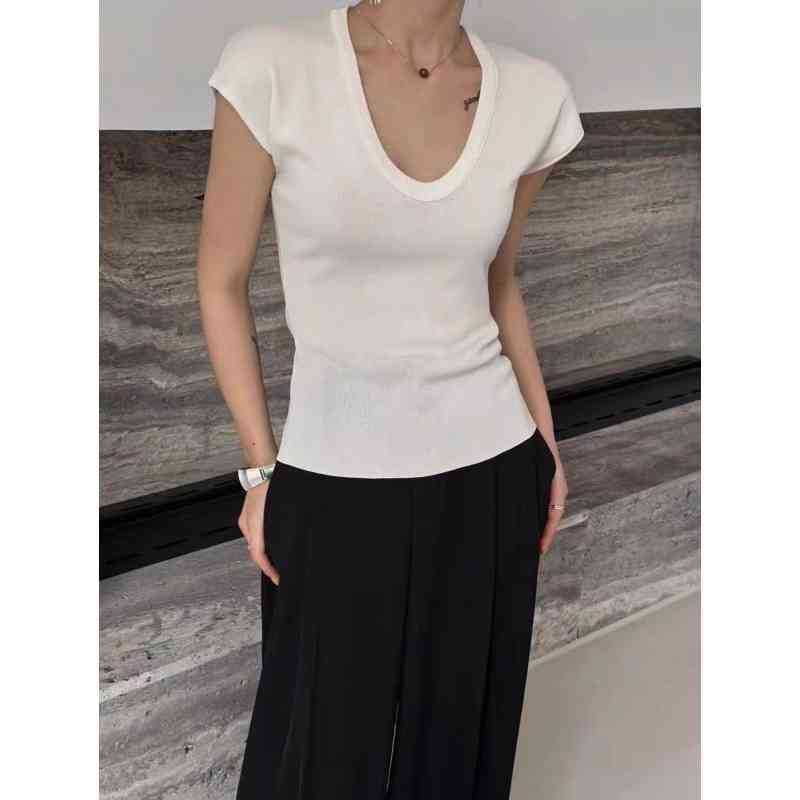 Neck Scoop Cap-Sleeve Fit Top Plain Slim Knit