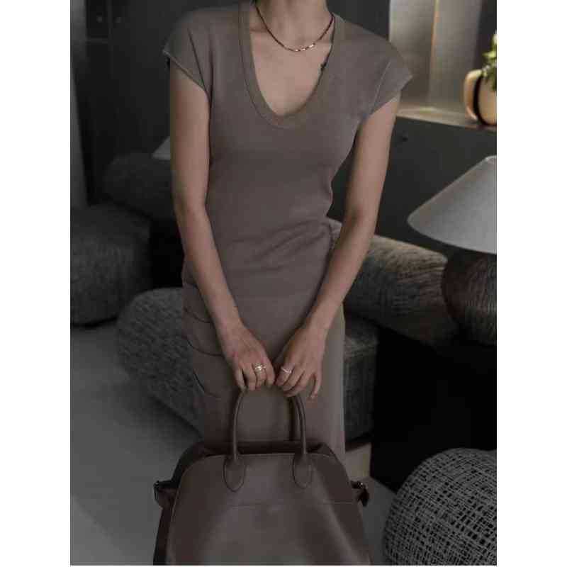 Neck Scoop Cap-Sleeve Fit Top Plain Slim Knit