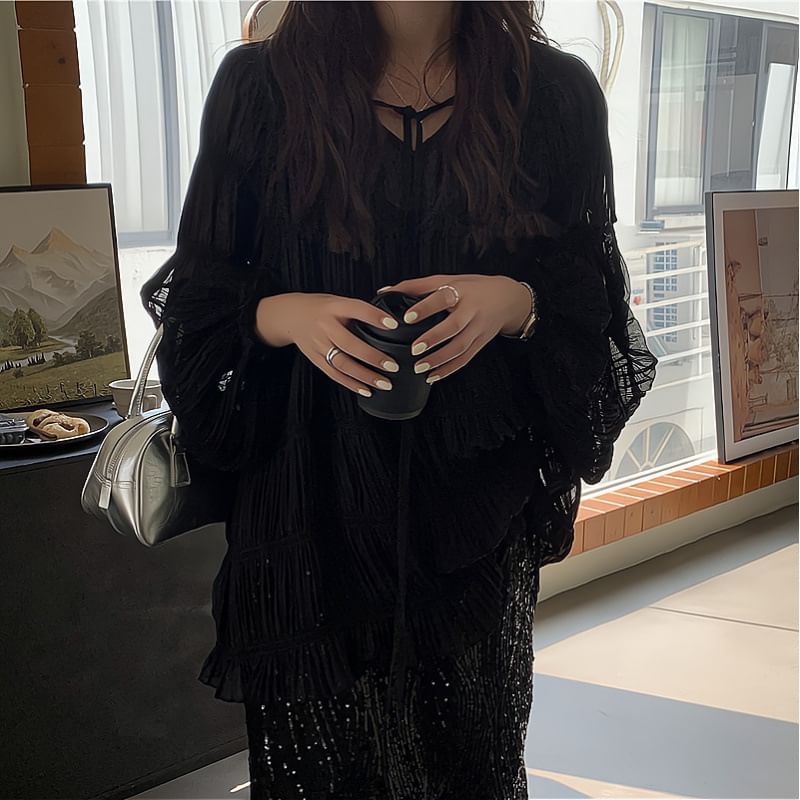 H-Line / Tie Rise Midi Sequin Front Plain Set Skirt V-Neck High Sheer Blouse Long-Sleeve Top Cami