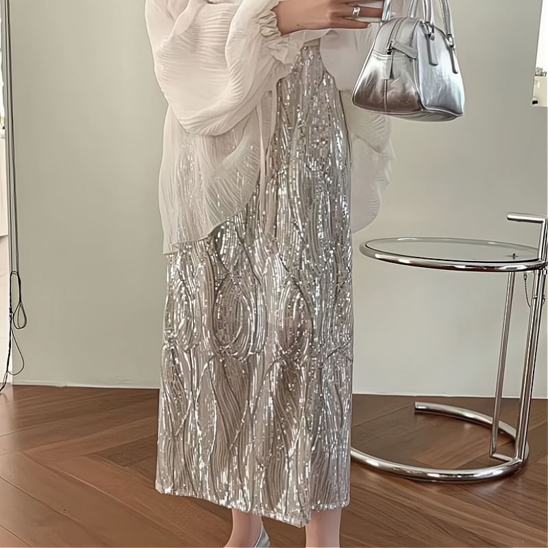 H-Line / Tie Rise Midi Sequin Front Plain Set Skirt V-Neck High Sheer Blouse Long-Sleeve Top Cami