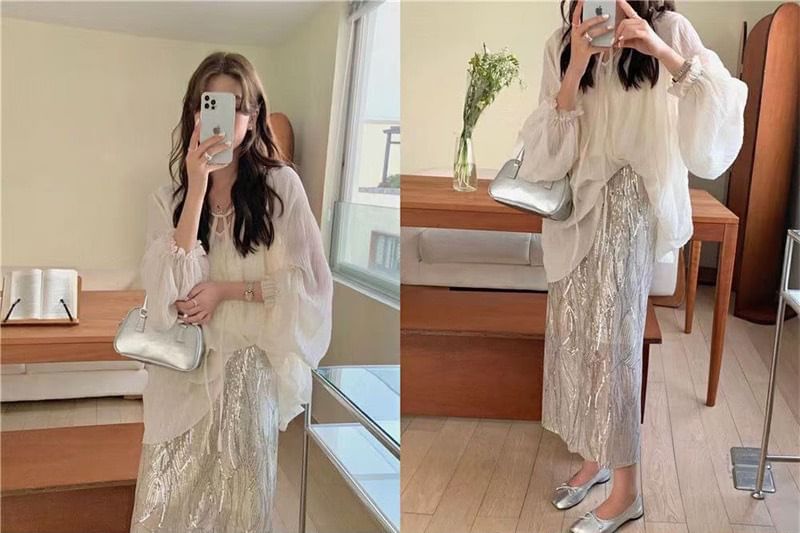 H-Line / Tie Rise Midi Sequin Front Plain Set Skirt V-Neck High Sheer Blouse Long-Sleeve Top Cami