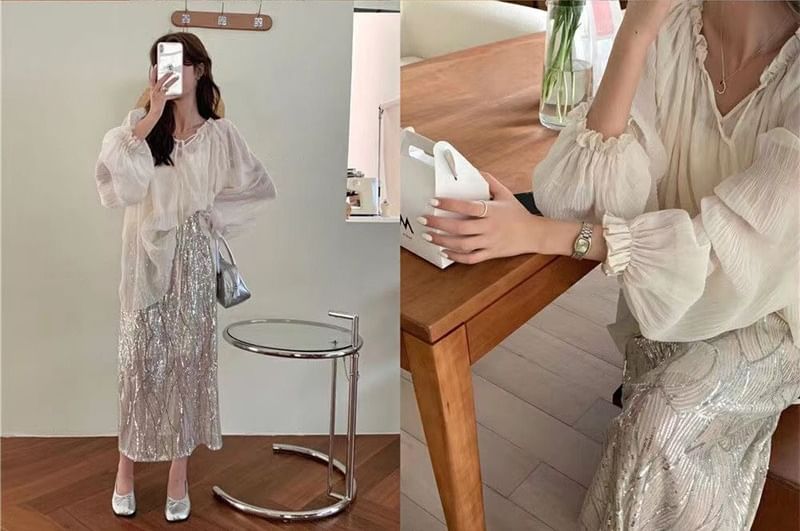 Plain / Cami Midi Skirt Rise Blouse Front Set V-Neck Tie Long-Sleeve Sheer High Top H-Line Sequin