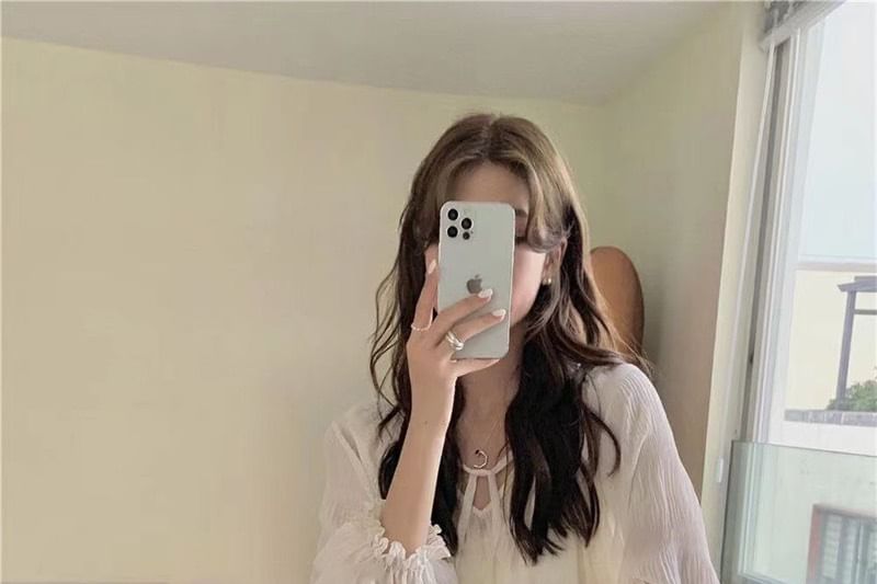 H-Line / Tie Rise Midi Sequin Front Plain Set Skirt V-Neck High Sheer Blouse Long-Sleeve Top Cami