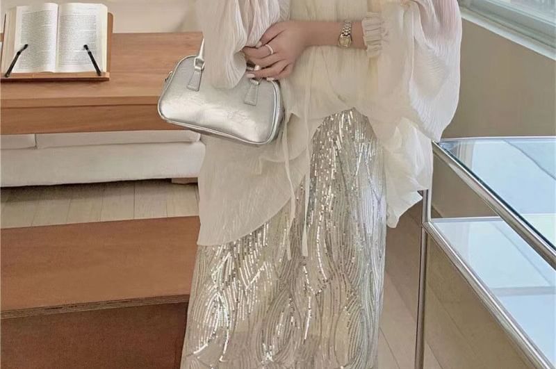 H-Line / Tie Rise Midi Sequin Front Plain Set Skirt V-Neck High Sheer Blouse Long-Sleeve Top Cami