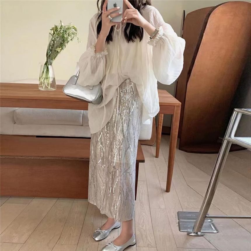 Plain / Cami Midi Skirt Rise Blouse Front Set V-Neck Tie Long-Sleeve Sheer High Top H-Line Sequin