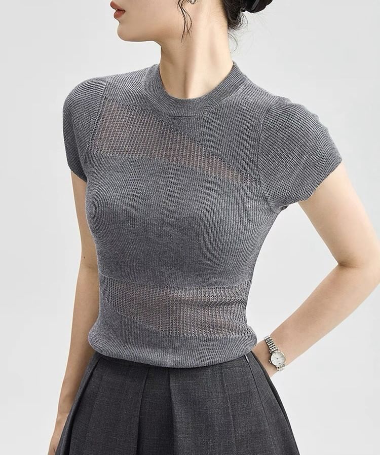 Knit Round Neck Plain Cap-Sleeve Top Sheer Panel