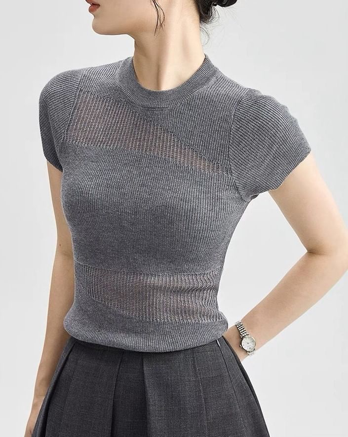 Knit Round Neck Plain Cap-Sleeve Top Sheer Panel