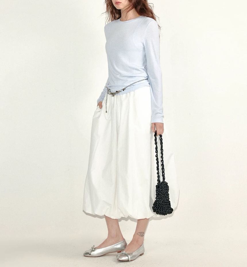 Skirt Waist Midi Plain Elastic Paperbag