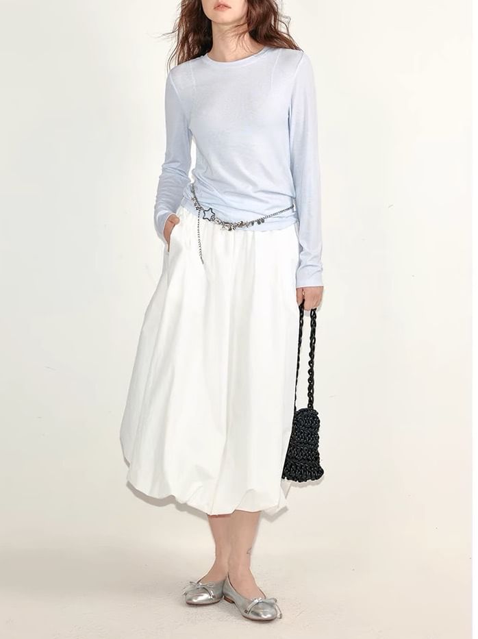 Skirt Waist Midi Plain Elastic Paperbag