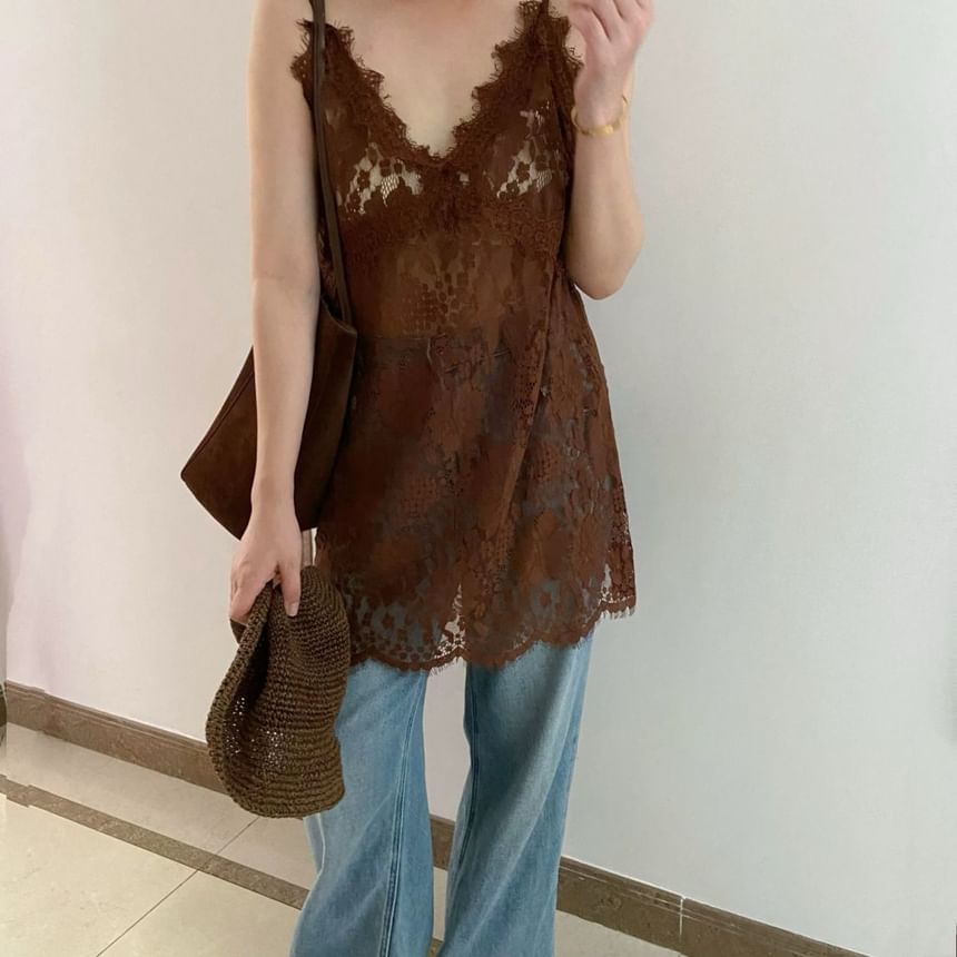 Cami Strap V-Neck Lace Top Spaghetti Plain