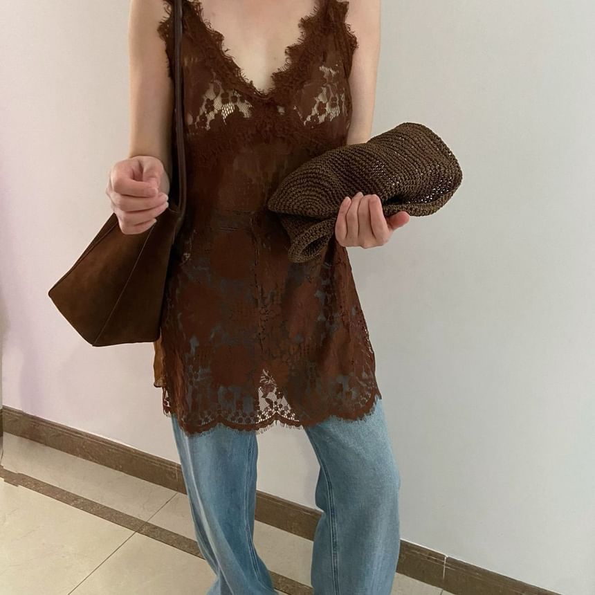 Cami Strap V-Neck Lace Top Spaghetti Plain