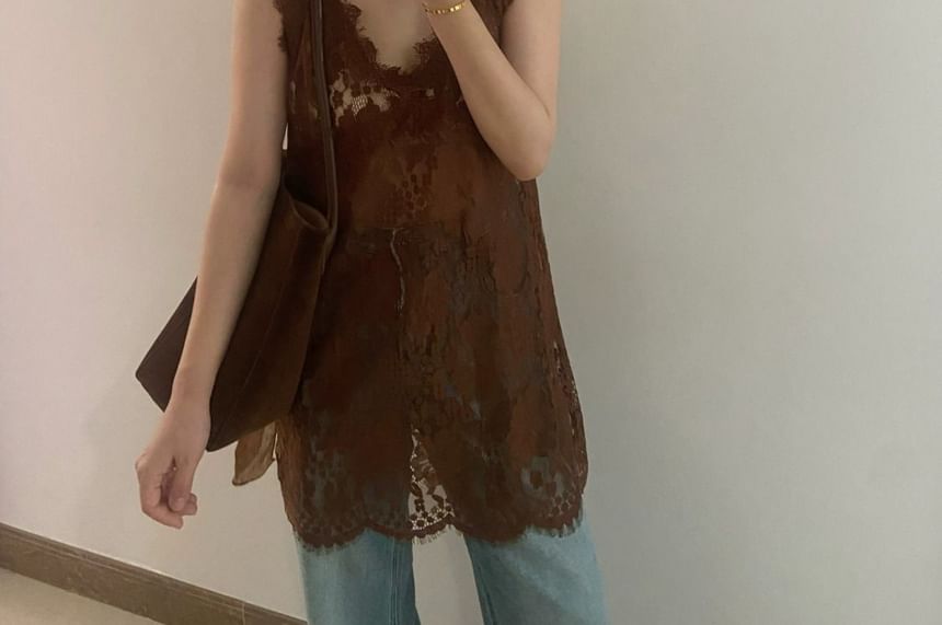 Cami Strap V-Neck Lace Top Spaghetti Plain