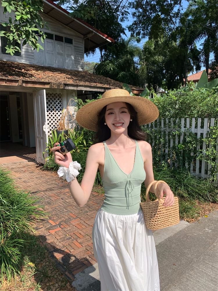 Spaghetti Neck Camisole Strap Top Plain V-Neck Tie