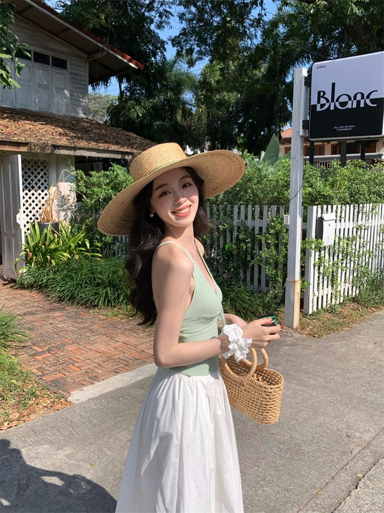 Spaghetti Neck Camisole Strap Top Plain V-Neck Tie