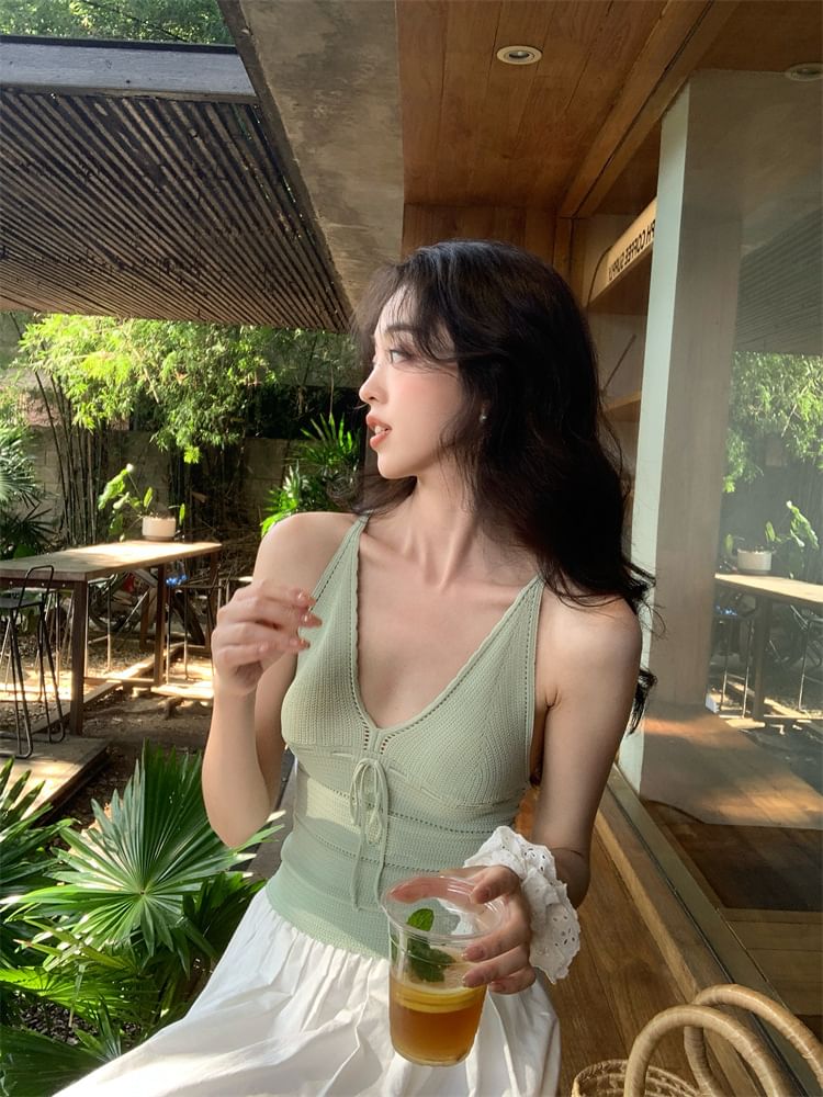 Spaghetti Neck Camisole Strap Top Plain V-Neck Tie