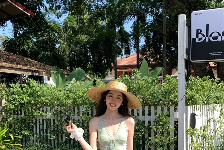 Spaghetti Neck Camisole Strap Top Plain V-Neck Tie