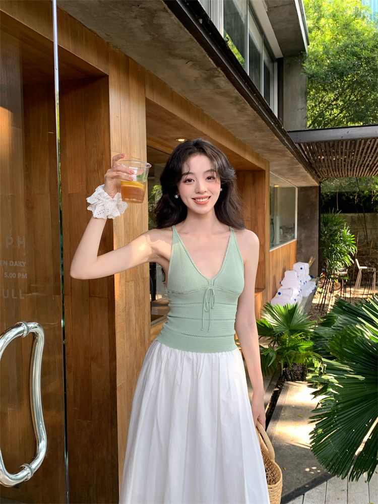 Spaghetti Neck Camisole Strap Top Plain V-Neck Tie