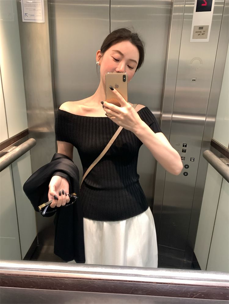 Shoulder Top Ribbed Plain Short-Sleeve Off Knit