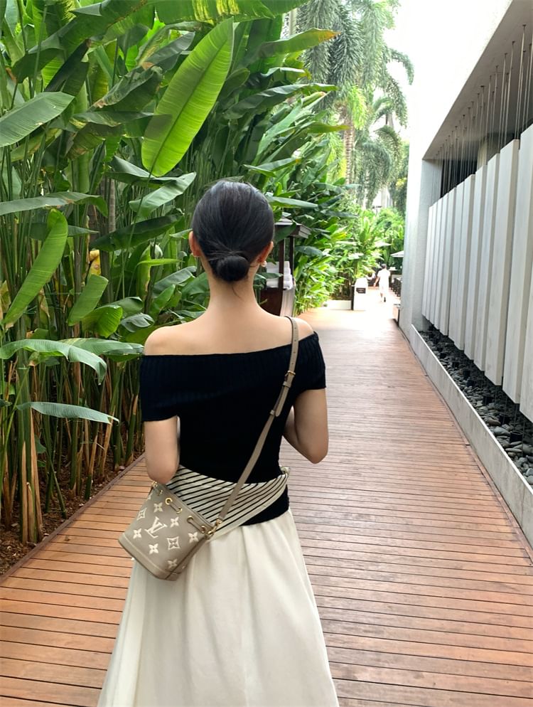 Shoulder Top Ribbed Plain Short-Sleeve Off Knit