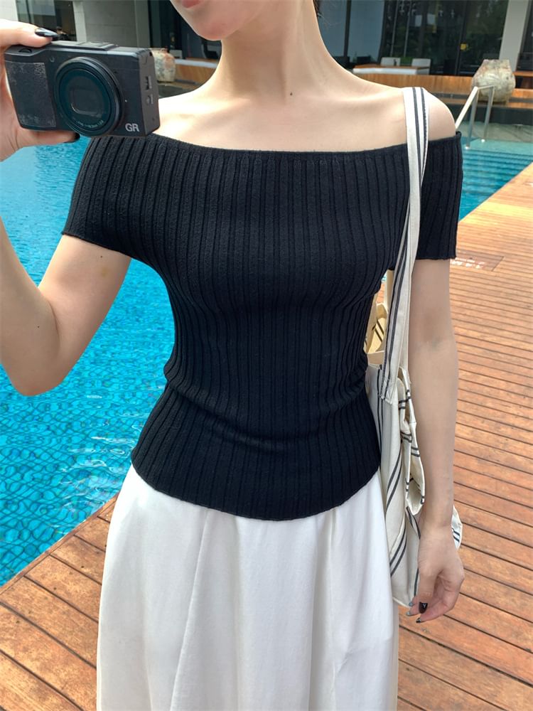 Shoulder Top Ribbed Plain Short-Sleeve Off Knit