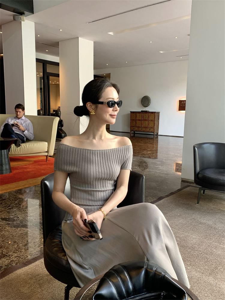 Shoulder Top Ribbed Plain Short-Sleeve Off Knit