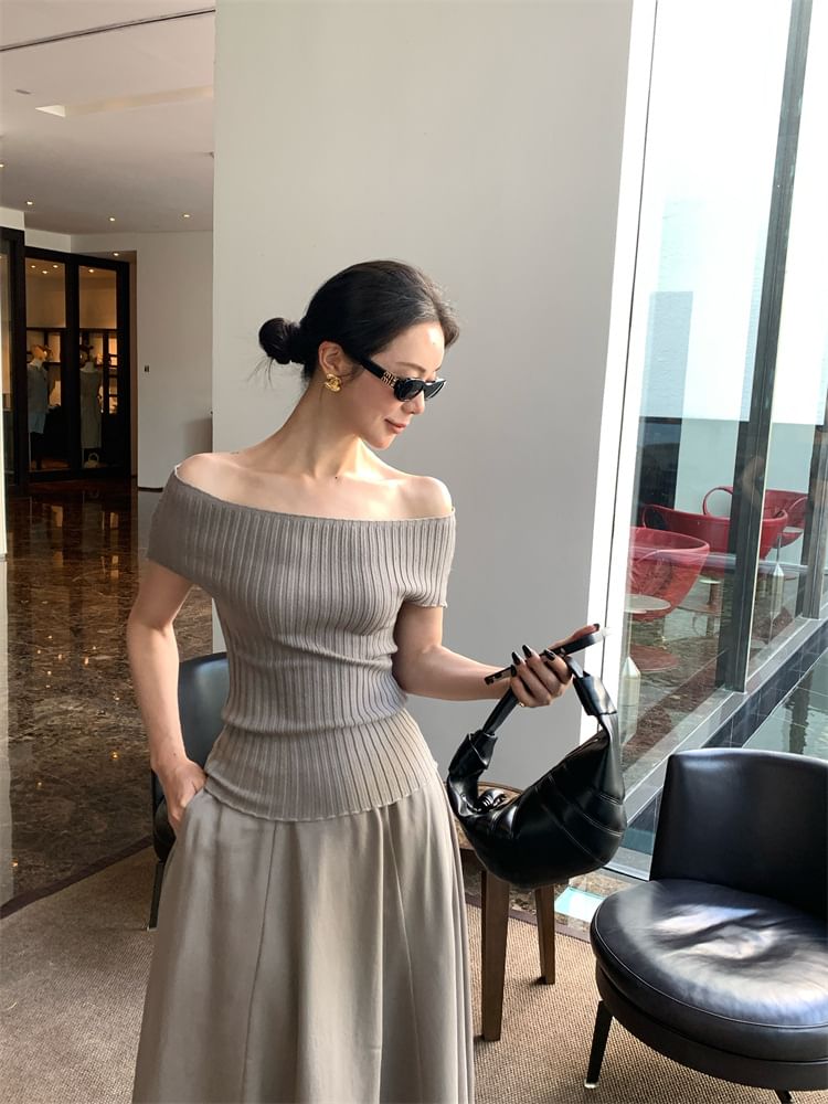 Shoulder Top Ribbed Plain Short-Sleeve Off Knit