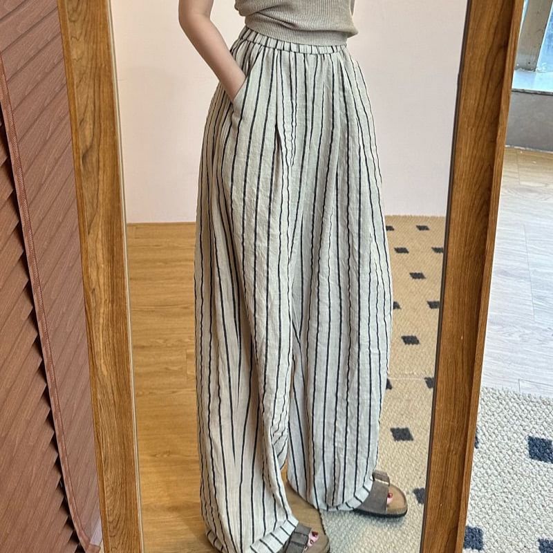 Waist Plain Striped Leg Wide Pants High