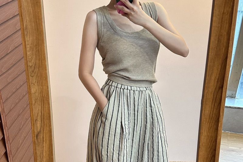 Waist Striped Plain Wide Pants Leg High