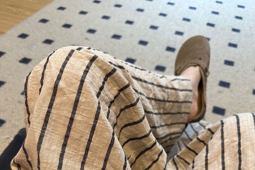 Striped Plain Leg High Waist Wide Pants