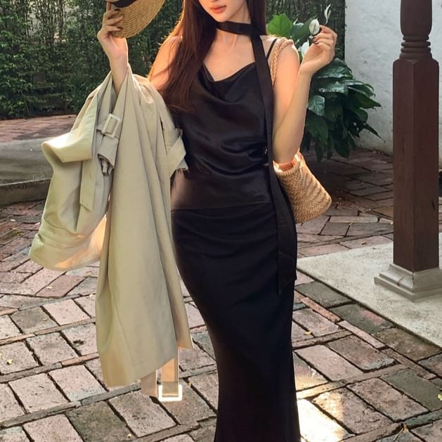 Neck Top Plain Strap Spaghetti Camisole Cowl