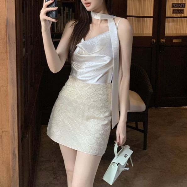 Neck Top Plain Strap Spaghetti Camisole Cowl