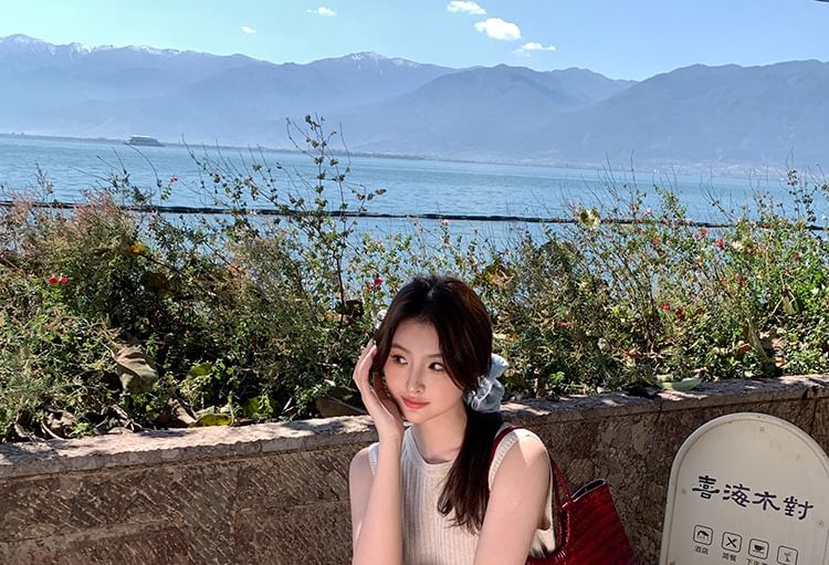 Sleeveless Neck Ribbed Plain Top Crew Knit