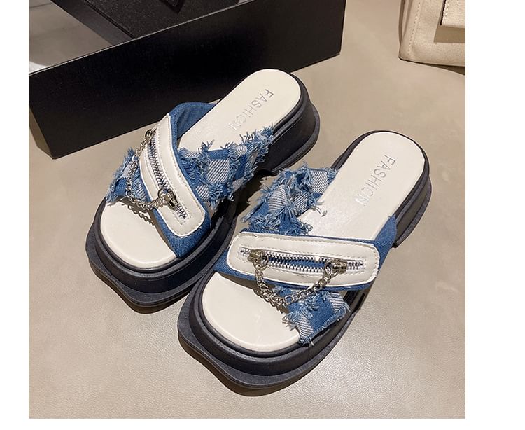 Chunky Sandals Cross Strap Detail Platform Chain Zipped Slide Heel