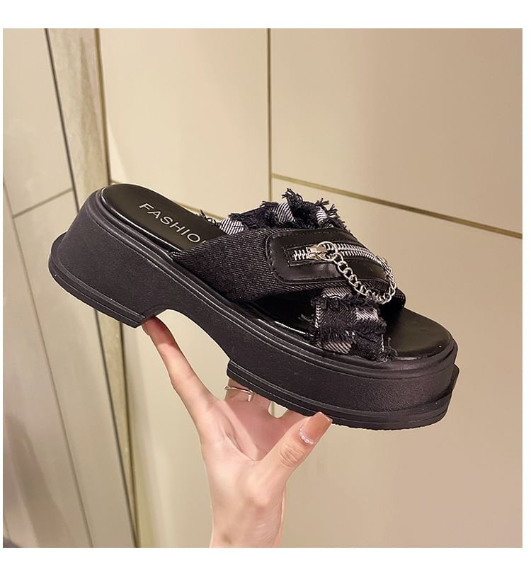 Chunky Sandals Cross Strap Detail Platform Chain Zipped Slide Heel