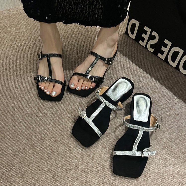 Sandals Slide Heel Strappy Chunky