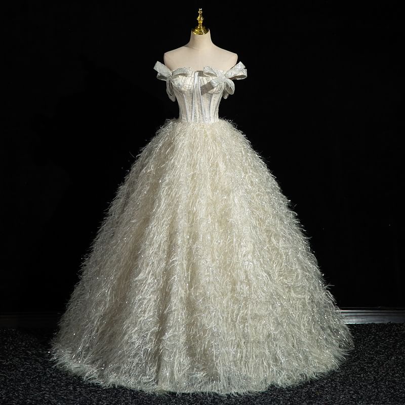 Fringed Gown Corset Ball Glitter Bow Strapless Accent
