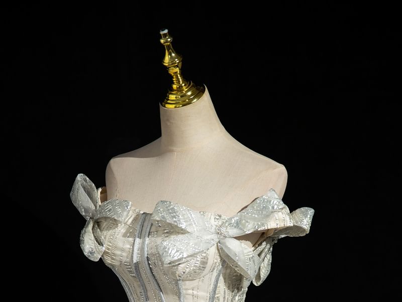 Fringed Gown Corset Ball Glitter Bow Strapless Accent