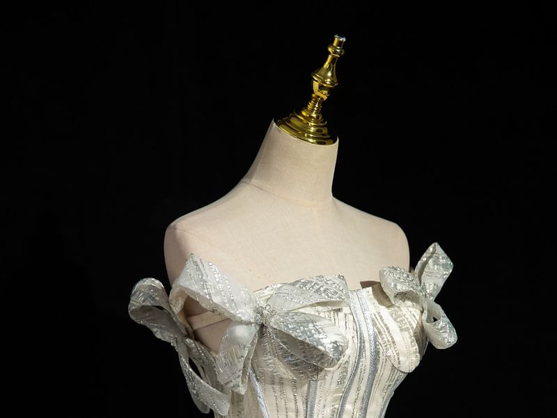 Fringed Gown Corset Ball Glitter Bow Strapless Accent