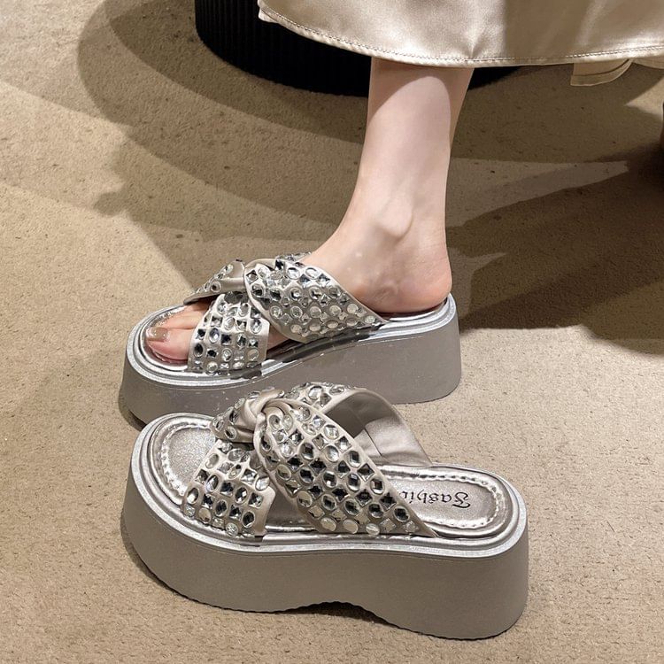 Platform Sandals Strap Cross Rhinestone